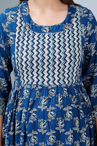 Jikonet Women's Maternity Dress Feeding Kurti with Zippers, Side Pocket (325) (Small, Blue)