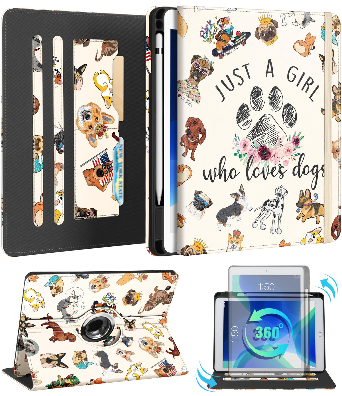 Kidcube for iPad 9th/8th/7th Generation Case 10.2 Inch - for Women Girls Kids Cute Rotating Stand Folio Cover with Pencil Holder & Card Slot Kawaii Cartoon Dogs Design for iPad 9th/8th/7th Gen Cases