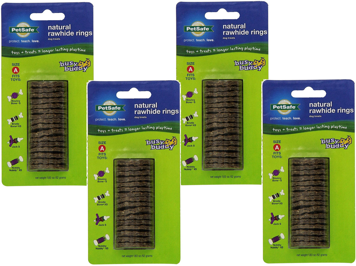 (4 Pack) PetSafe Busy Buddy Refill Ring Dog Treats for Select Busy Buddy Dog Toys, Natural Rawhide, Size A/X-Small to Small