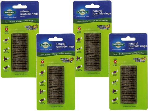 (4 Pack) PetSafe Busy Buddy Refill Ring Dog Treats for Select Busy Buddy Dog Toys, Natural Rawhide, Size A/X-Small to Small