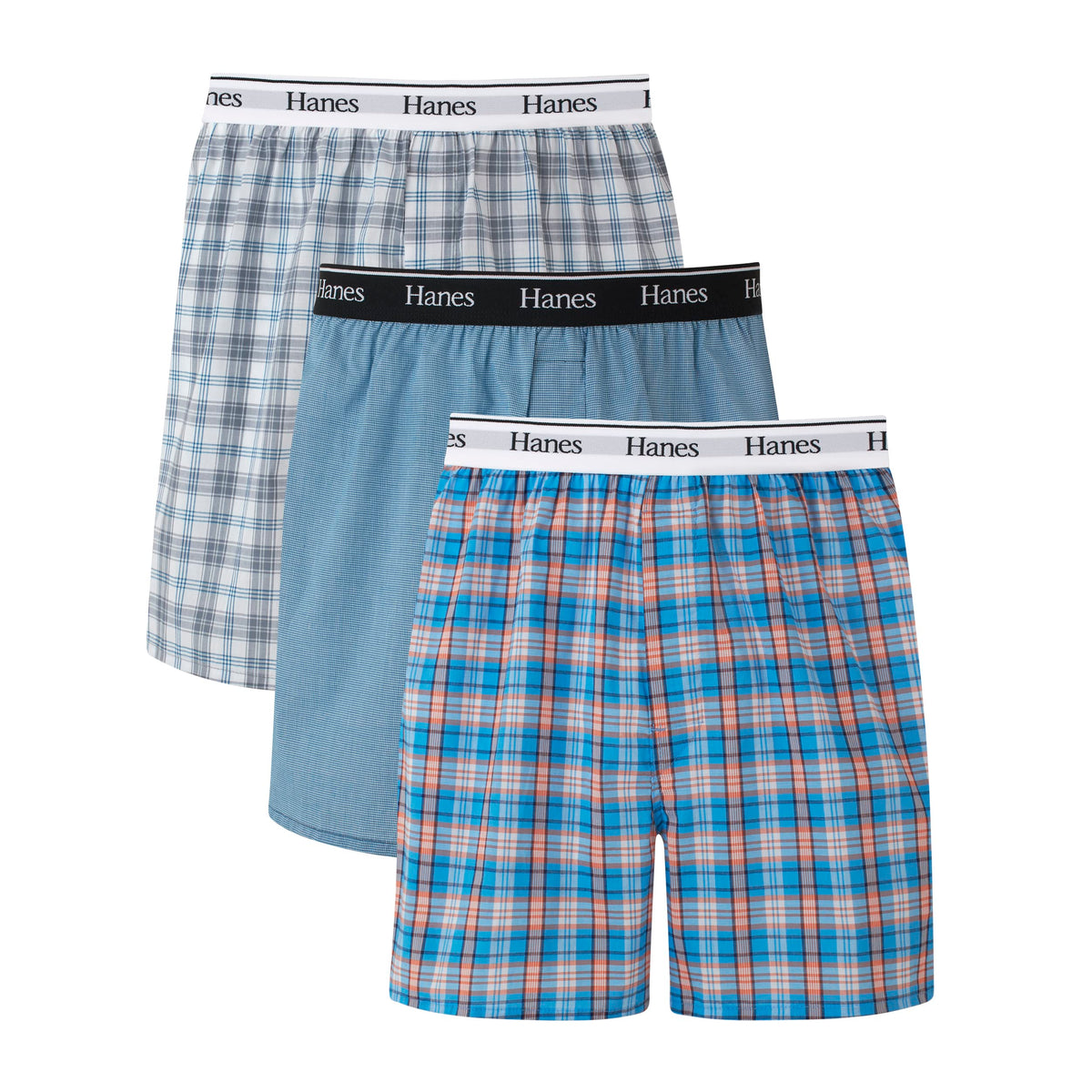 Hanes Originals Cotton Woven Boxers Pack, Moisture-Wicking Underwear for Men, 3-Pack, Blue Plaids, XX-Large