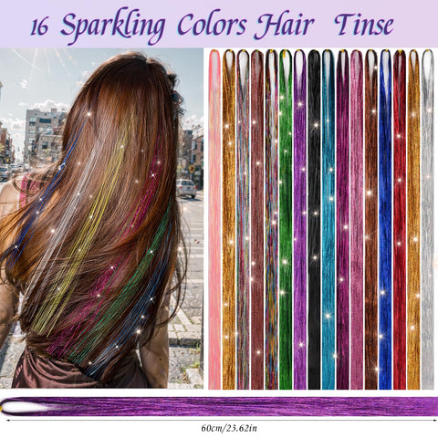 Hair Tinsel Kit with Tools, 16 Colours 3200 Strands Glitter Hair Extensions, 47 Inch Sparkling Shiny Hair Tinsel, Heat Resistant Fairy Hair Accessories for Women Girls Party Cosplay Hair Decor