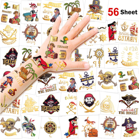 Konsait 56 Sheets Glitter Pirate Temporary Tattoos for Kids, Pirate Tattoos Girls Boys Pirate Party Supplies Favors Decorations, Pirate Birthday Party Bag Filler, Halloween Costume Accessories