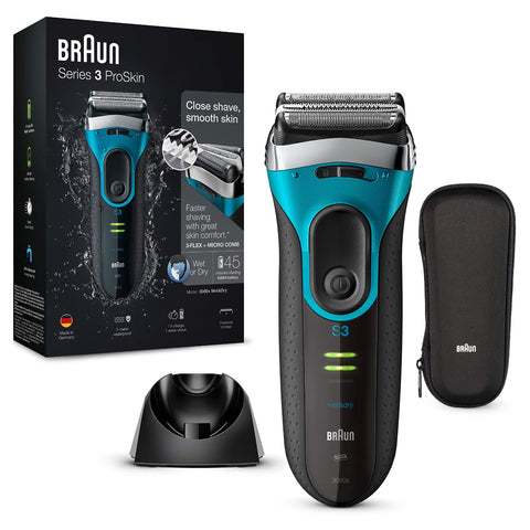 Braun Series 3 ProSkin Electric Shaver For Men With Precision Trimmer, Travel Case & Charging Stand, Wet & Dry, 100% Waterproof, UK 2 Pin Plug, 3080s, Black/Blue Razor