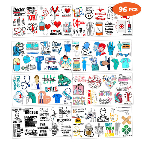 96PCS Funny Doctor Medical Equipment Temporary Tattoos Themed Birthday Party Decorations Favors Supplies Decor Cute Dr Healthcare Nurse Pharmacy Tattoo Stickers Gifts For Kids Boys Girls School Prizes