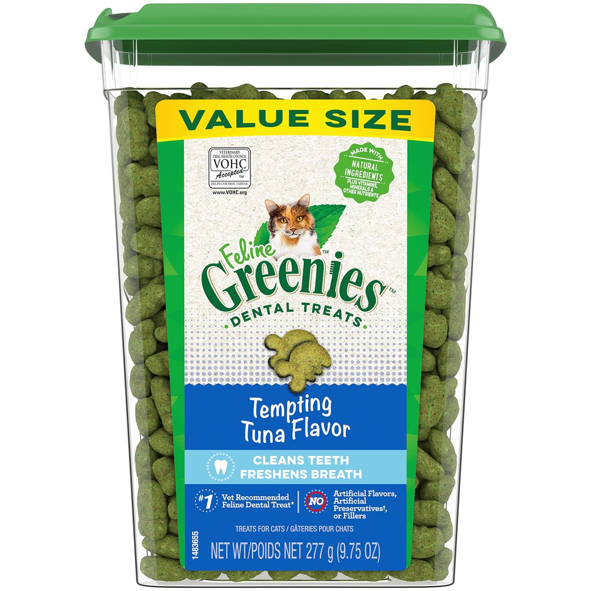 Greenies Feline Adult Natural Dental Care Cat Treats, Tempting Tuna Flavor, 9.75 oz. Tub