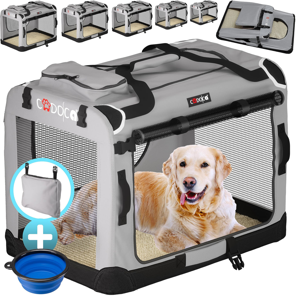 CADOCAÂ® XXL Dog Crate | 90x60x66cm | Foldable Breathable Car Pet Transport Box | Dog Travel Crate | Robust Pet Vet Holiday Cat Carrier Puppy Kitten Rabbit | Light Grey