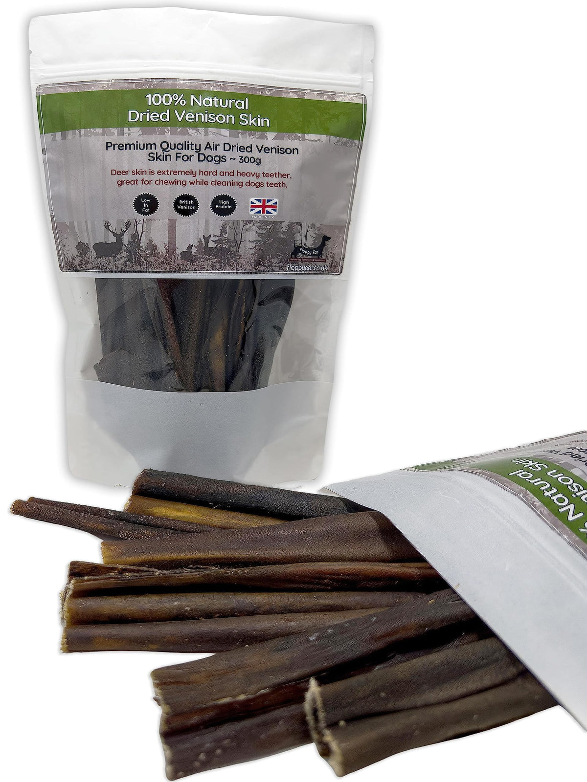 Dried Venison Skin Dog Chews 300g - 100% Natural Pure Venison, Full of Protein, Long Lasting, Low in Fat, Hyperallergic