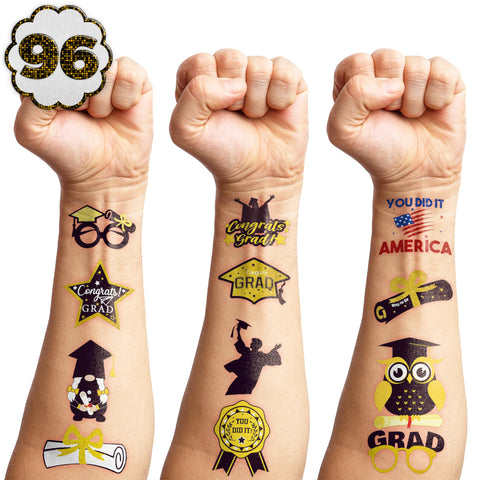 103 PCS Graduation Temporary Tattoos - Black and Gold Congrats Grad Party Themed Stickers for Kids Birthday Party Supplies, Decorations, Favors, and Prizes - Cute Gifts for Boys and Girls