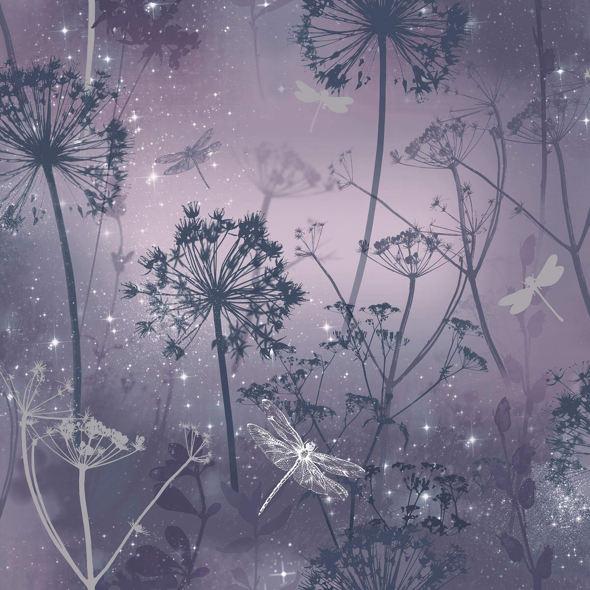 Arthouse Damselflies Purple Sparkling Wallpaper - Encased Glitter Gel Highlights Catch The Light - Subtly Sparkling Glamour - Delicate Scattered Botanical Motifs - Adds a Magical Effect - 692306
