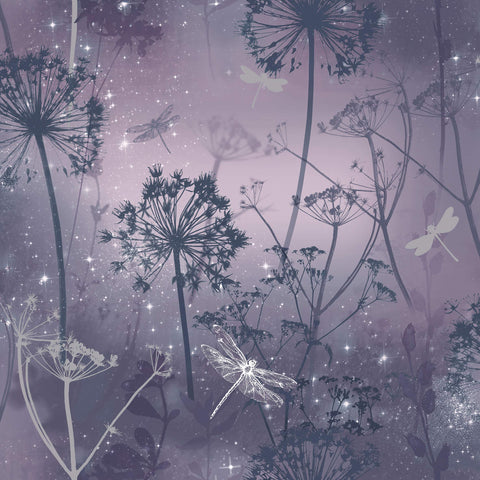 Arthouse Damselflies Purple Sparkling Wallpaper - Encased Glitter Gel Highlights Catch The Light - Subtly Sparkling Glamour - Delicate Scattered Botanical Motifs - Adds a Magical Effect - 692306