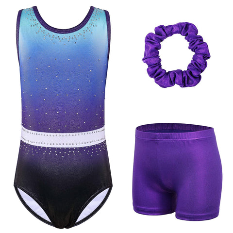 XFGIRLS Gymnastics Leotards for Girls Sleeveless Sparkle Leotard Ballet Dance Tumbling Athletic Shorts Blue-Purple 12A