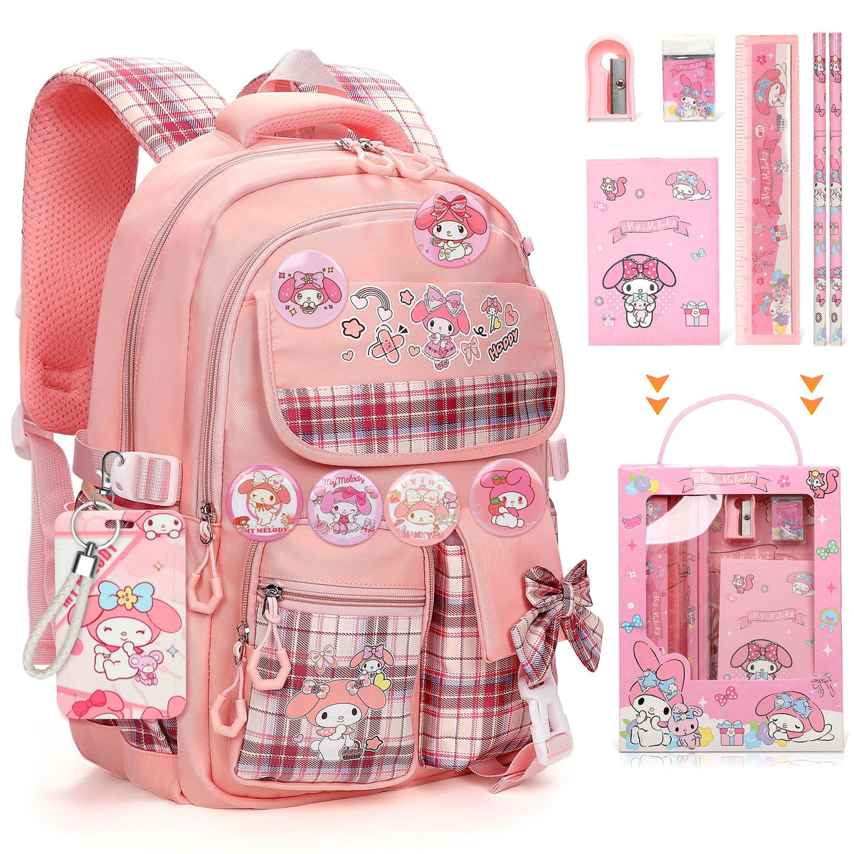 Ensccant Cartoon Backpack for Girls - Cute Anime Backpack for Girls Kids Teens Womens School Backpack, Anti-Theft Outdoor Travel Laptop Bookbags with 14Pcs Accessories, School Bags - Pink