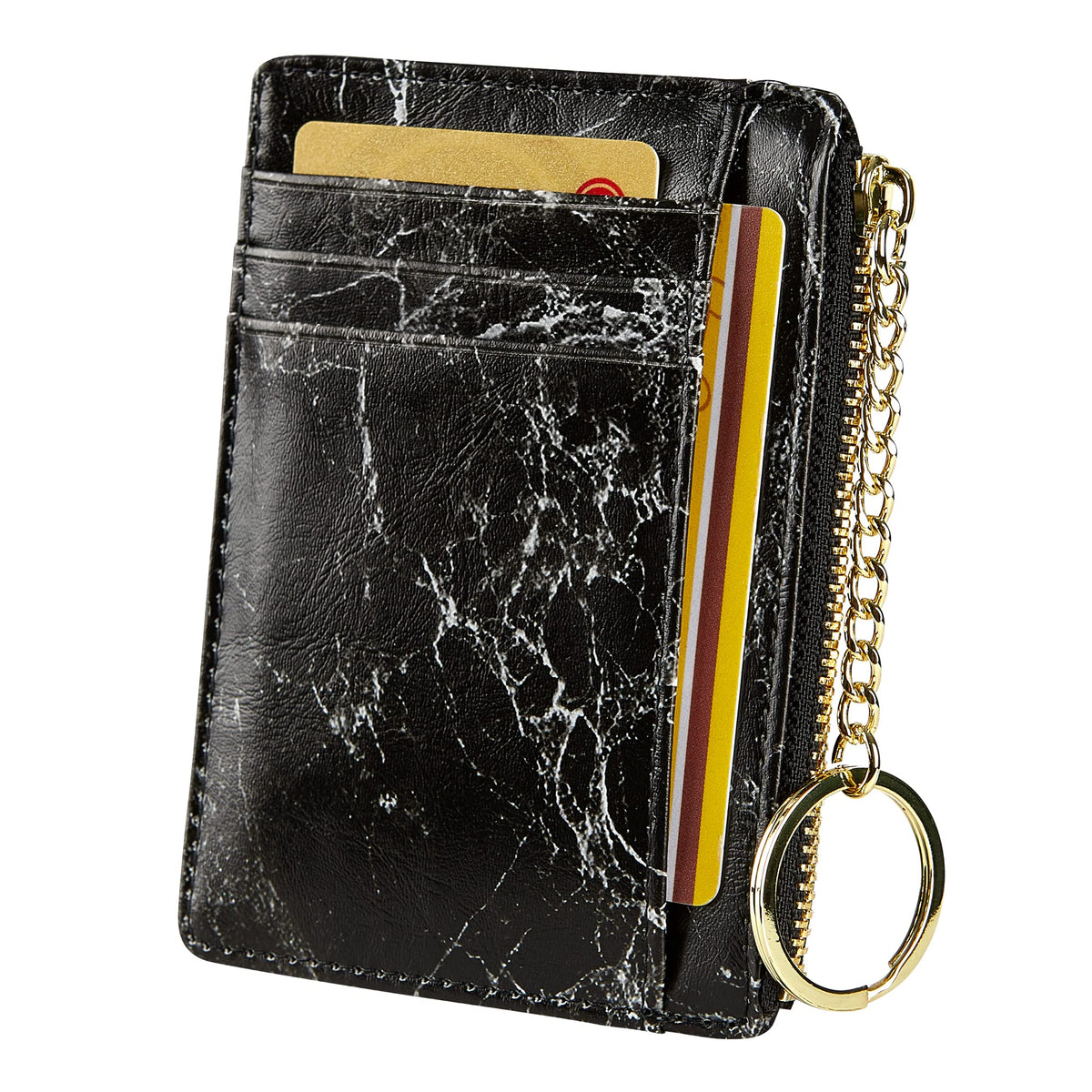 Women's 8 Cards Slim Minimalist Card Holder Coin Changes Purse Keychain Front Pocket Wallet, Marble Black