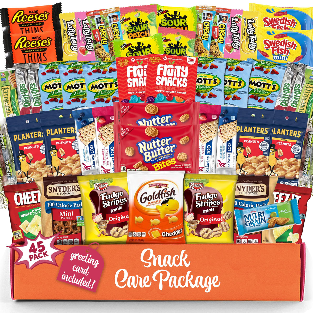 Variety Snack Care Package (45 Count) Gift Box for Teens - Fathers Day Goodie Food Arrangement for Dad - Birthday Candy Basket for Men, Women, Boys, Girls, Kid, Adult, College Student - Prime Delivery