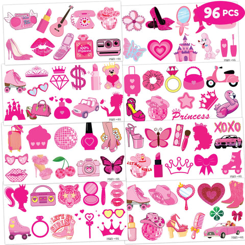 87 PCS Pink Girl Temporary Tattoos - Hot Pink Princess Baby Shower Birthday Party Decorations, Let's Go Party Supplies Favors Pink Tattoos for Kids Girls Bachelorette Woman Adult