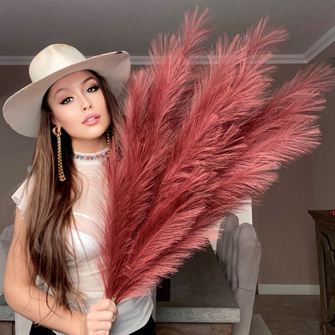 VOULUX Extra Large Tall Burgundy Fake Faux Artificial Pampas Grass Large Fluffy x3 115cm Stems x18 Decorative Artificial Flora Feathers For Floor Vases Tall Plant Flowers Swingers Long Pampas Grass