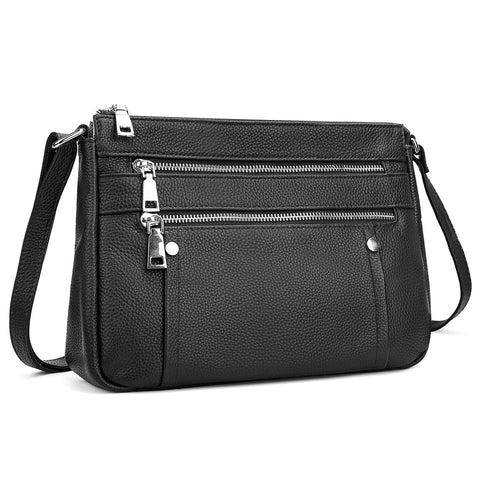 befen Genuine Leather Small Crossbody Bags Purses for Women Pocketbooks Shoulder Bag Satchel Purse with Multi Zipper Pockets, A02-medium Black