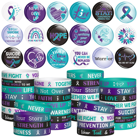WATINC Ribbon Pins Accessories Set - 72Pcs Health Awareness Silicone Stretch Wristbands and Button Pin, Motivational Bracelet with Inspirational Message for Men Women (Suicide Prevention Awareness)