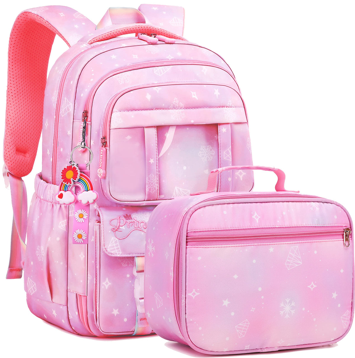 Wraifa Girls Backpack Elementary School Backpacks for Girls Cute Princess Preschool Middle School Bag Kids Bookbag (Pink With Lunch Box)
