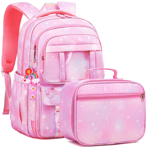 Wraifa Girls Backpack Elementary School Backpacks for Girls Cute Princess Preschool Middle School Bag Kids Bookbag (Pink With Lunch Box)