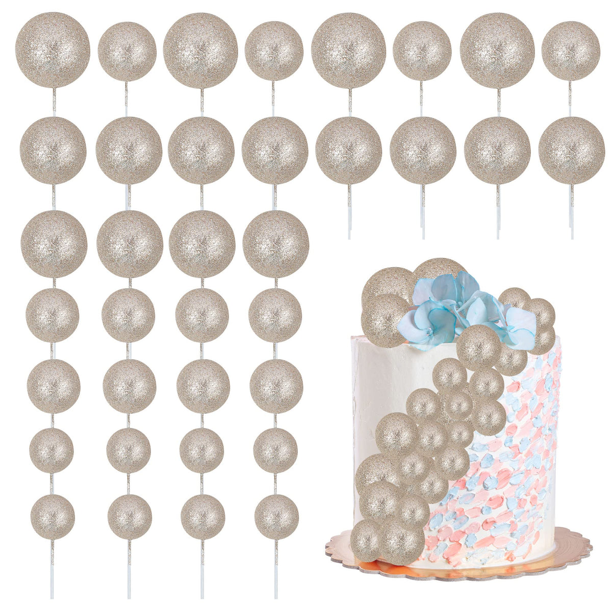 30Pcs Glitter Balls Cake Topper Mini Balloons Cake Toppers Foam Ball Cake Decorations Balloon Cake Topper Ball Shaped Cake Insert Topper Baby Shower Wedding Anniversary Party Supplies Champagne Gold