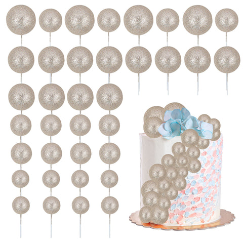 30Pcs Glitter Balls Cake Topper Mini Balloons Cake Toppers Foam Ball Cake Decorations Balloon Cake Topper Ball Shaped Cake Insert Topper Baby Shower Wedding Anniversary Party Supplies Champagne Gold
