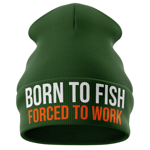 Purple Print House Born to Fish Beanie Hat for Men, Funny Gifts for Him, Winter Cold Fishing Dad Grandad Cap Husband, Bottle Green, One Size
