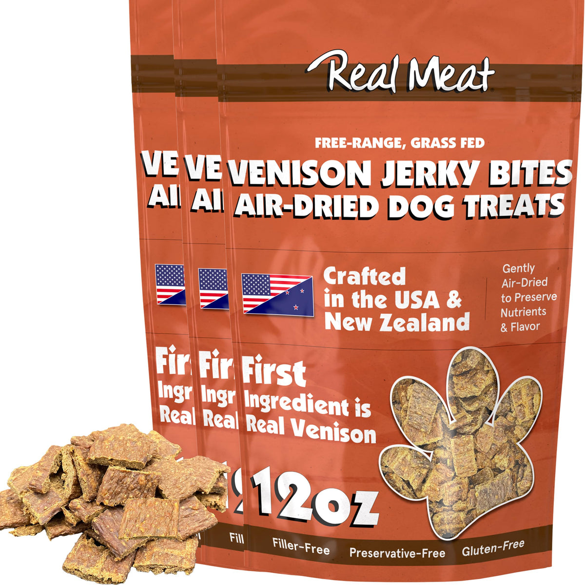 Real Meat Dog Treats - Three 12oz Bag of Bite-Sized Air-Dried Venison Jerky for Dogs - Grain-Free Jerky Dog Treats Made up of 95% Human-Grade, Free-Range, Grass Fed Venison - All-Natural Dog Treats