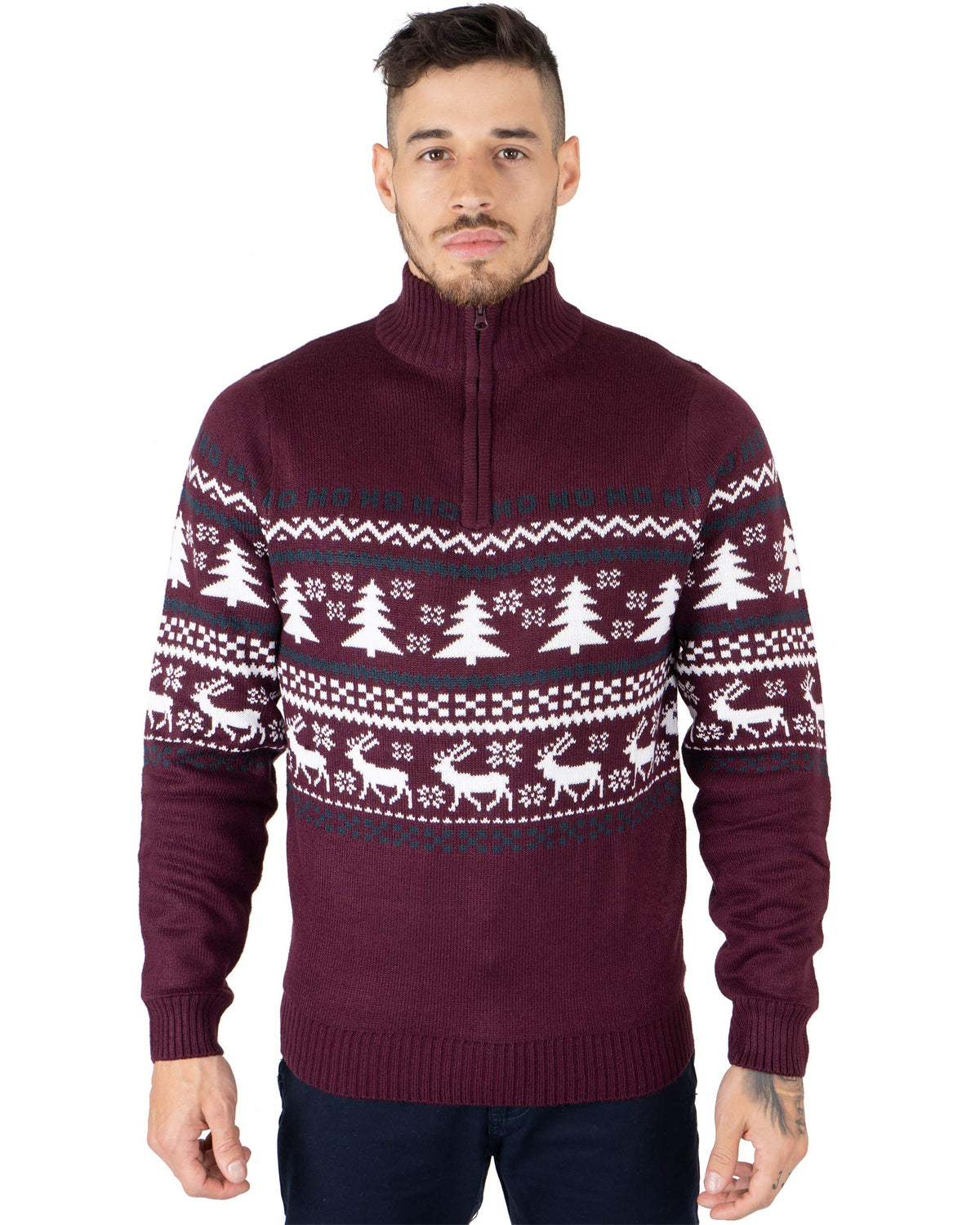 NOROZE Men's Christmas Jumper Novelty Fair Isle Sweater Chunky Knit Xmas Jumpers for Women Unisex Pullover (M, Burgundy)
