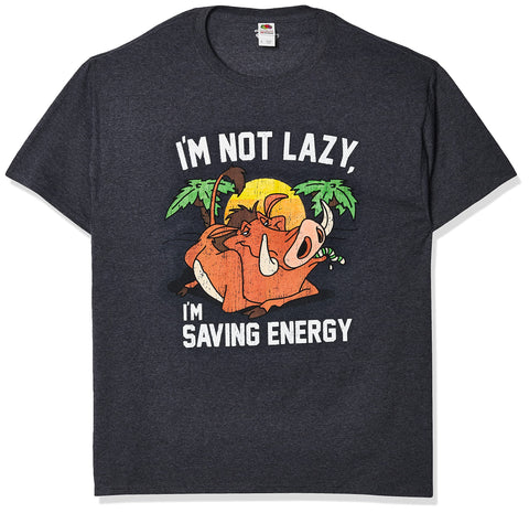 Disney Men's Lion King Pumba Not Lazy Saving Energy Graphic T-Shirt, Charcoal Heather, Medium