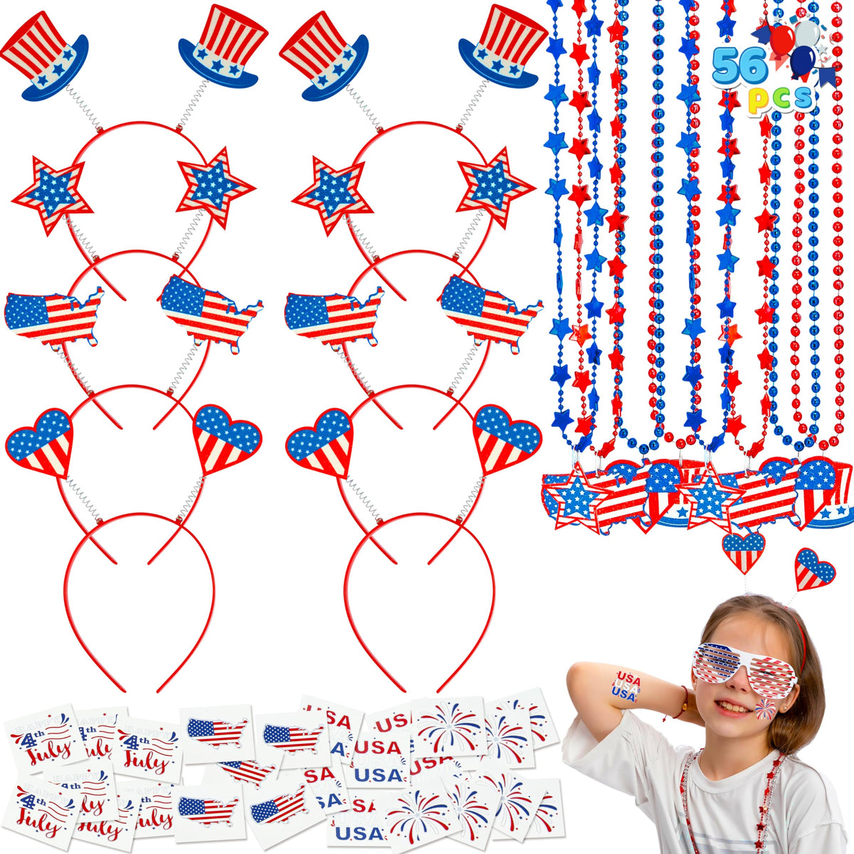 JOYIN 56 Pcs 4th of July Party Favor of 8 Glasses 8 Headbands 8 Necklaces & 32 Tattoo Stickers, Fourth of July Accessories, 4th of July American Flag Decor, July 4th Gift for Kids, Patriotic Party Set