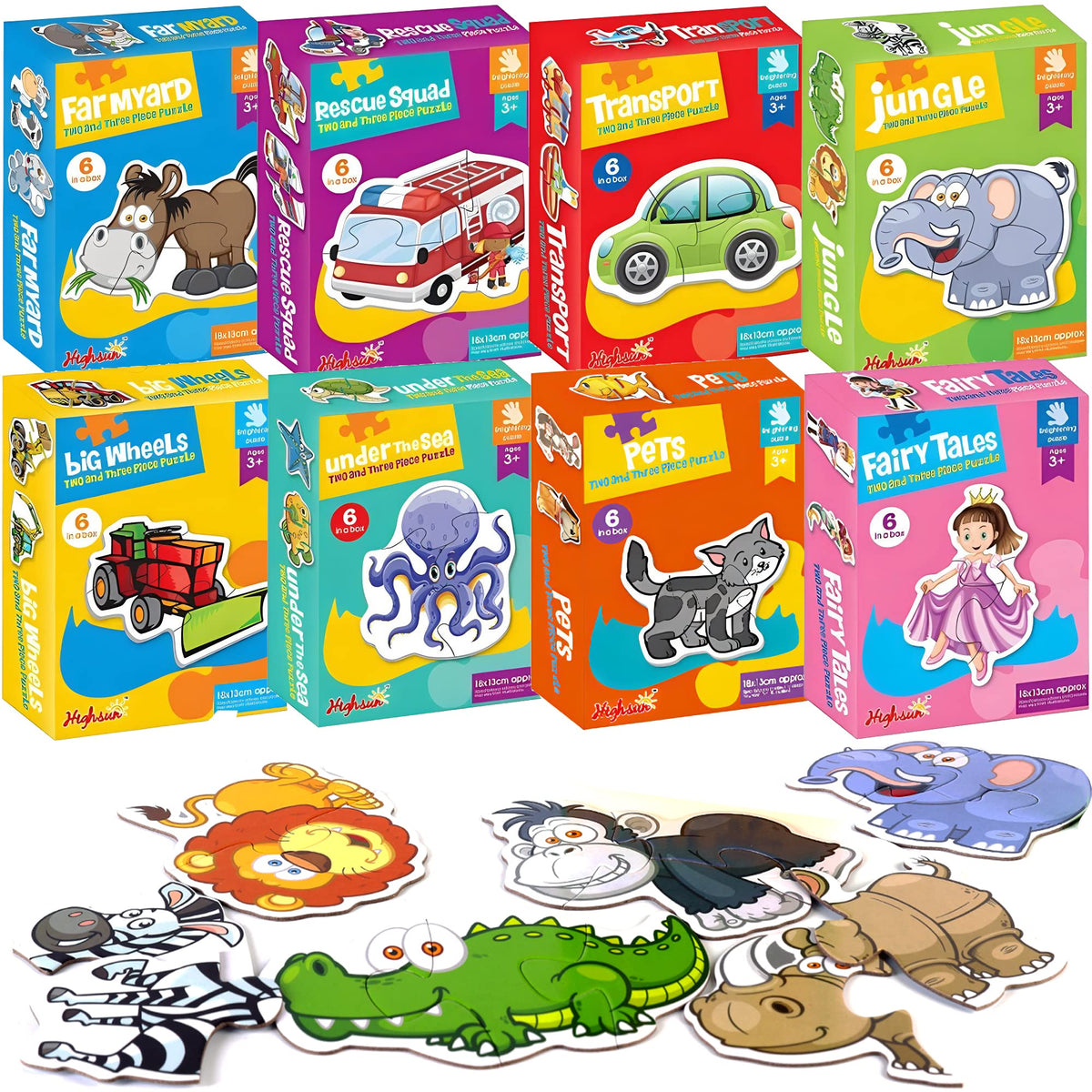 48-Pack My First 2 & 3 Piece Jigsaws - Fun and Educational Toddler Puzzles: Learn with Jungle, Princess, Farm, Construction, Sea Animals, Pets, Rescue, and Vehicles