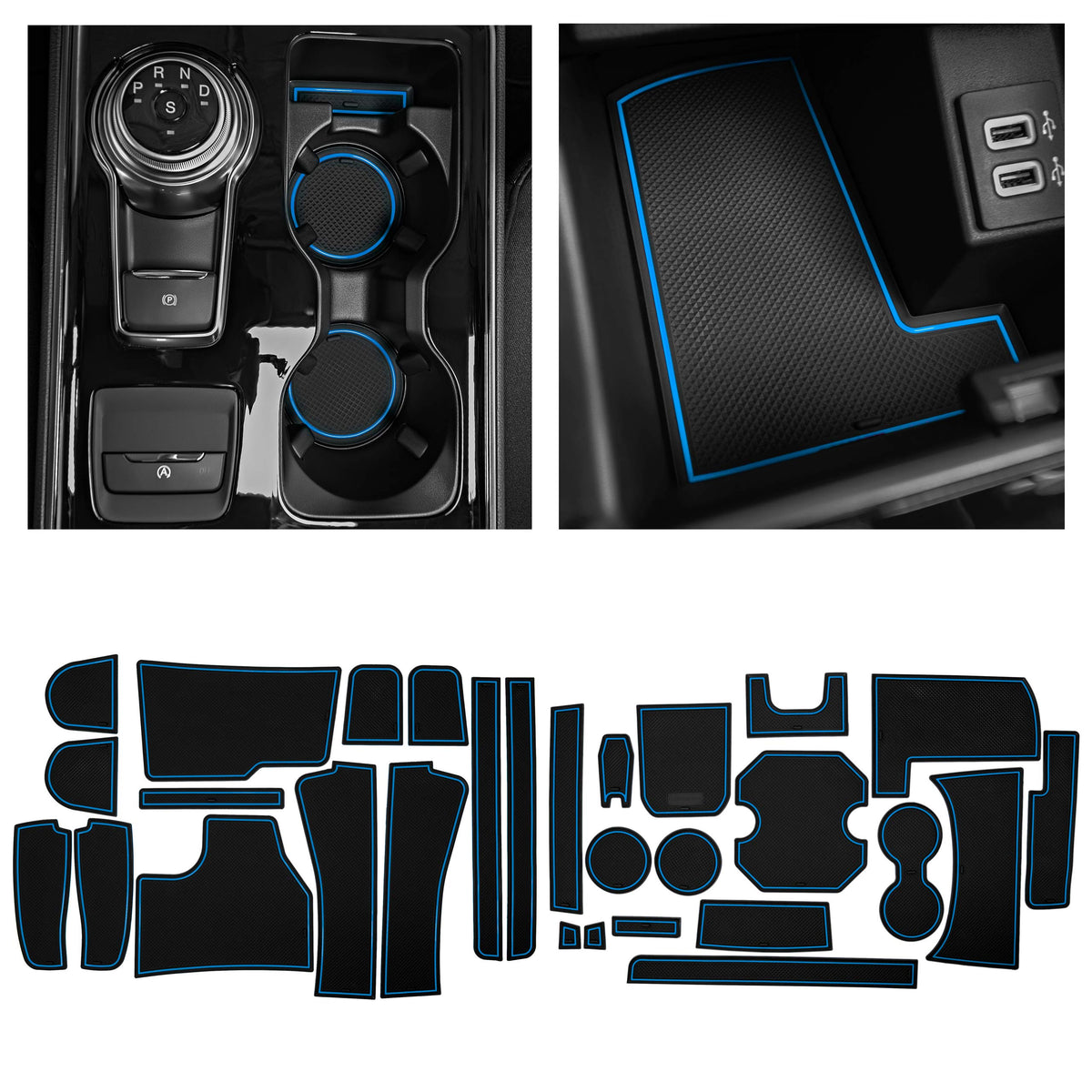 CupHolderHero fits Ford Edge Accessories 2020-2024 Premium Custom Interior Non-Slip Anti Dust Cup Holder Inserts, Center Console Liner Mats, Door Pocket Liners 28pc Set (Blue Trim)