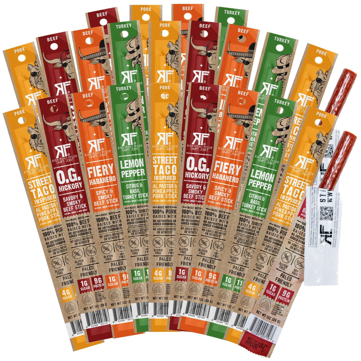 Righteous Felon Jerky Meat Sticks, Gluten Free, Healthy Snacks for Adults and Kids, High Protein, Low Carb, Keto, Low Sugar, Individually Wrapped, Gifts for Men (Variety 24 Pack)
