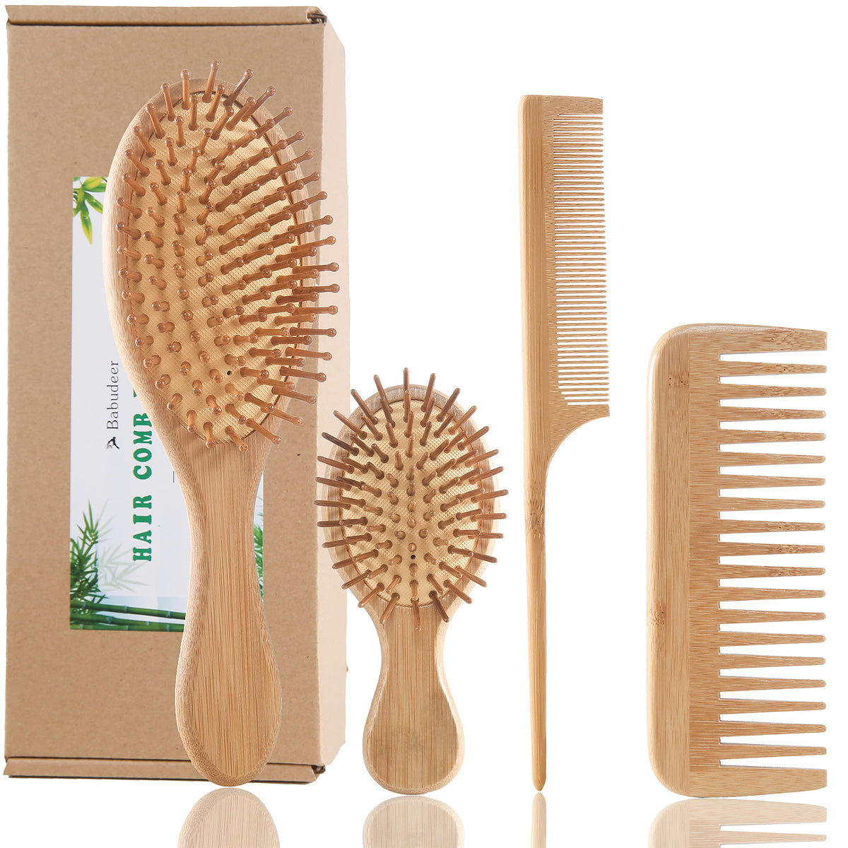Bamboo Hair Brush and Comb Set - Eco-Friendly Anti-Static Detangling Brush and Combs for Women and Men, Massage Wooden Brushes for Thick, Thin, Curly, Straight, Dry or Wet Hair