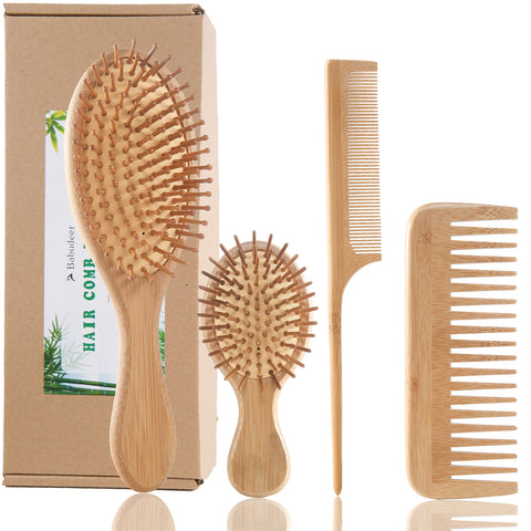 Bamboo Hair Brush and Comb Set - Eco-Friendly Anti-Static Detangling Brush and Combs for Women and Men, Massage Wooden Brushes for Thick, Thin, Curly, Straight, Dry or Wet Hair