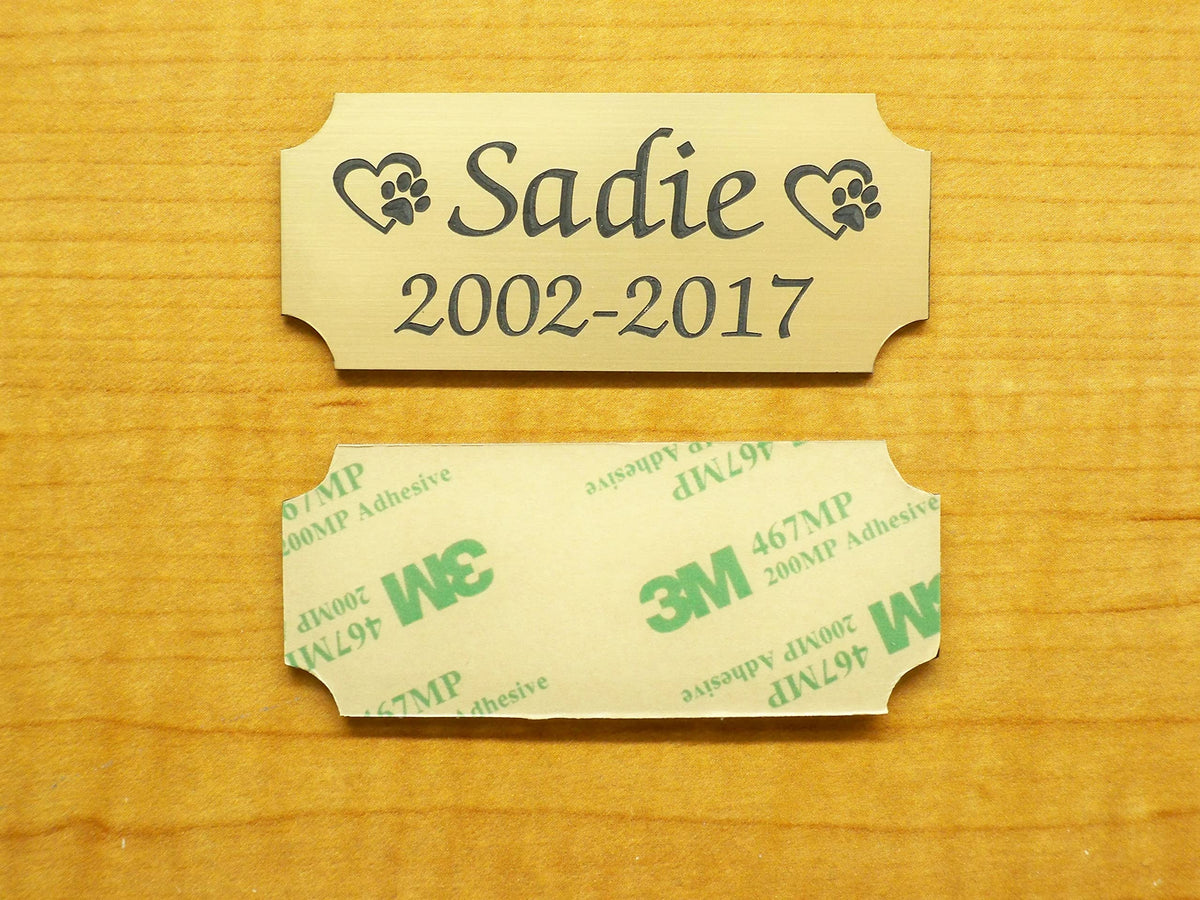Custom Engraved 1.25x3 Brushed Gold Pet Name Memorial Plaque with Calligraphy Script Font & Adhesive Backing | Urn Ash Box Memory of Dog Cat Personalized
