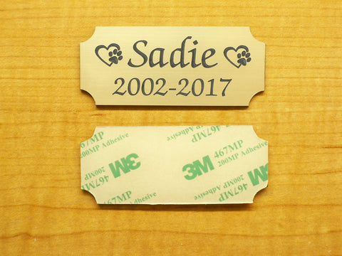 Custom Engraved 1.25x3 Brushed Gold Pet Name Memorial Plaque with Calligraphy Script Font & Adhesive Backing | Urn Ash Box Memory of Dog Cat Personalized