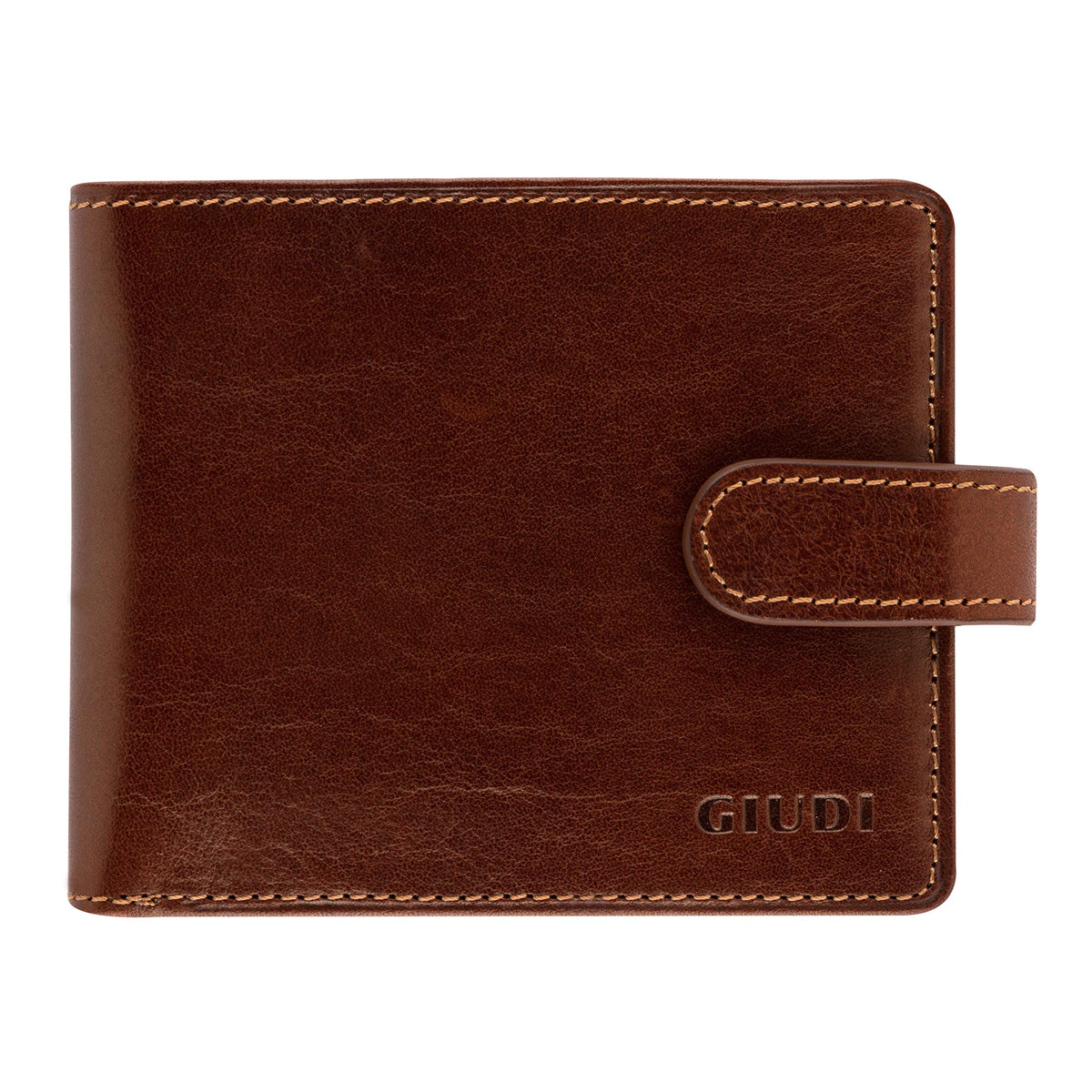 Giudi Luxury Genuine Leather Bifold Mens Wallet - Made in Italy - Elegant Brown Color - 3 Credit Card Slots and 2 Cases for Cash - Coin Pocket - Button Snap Closure