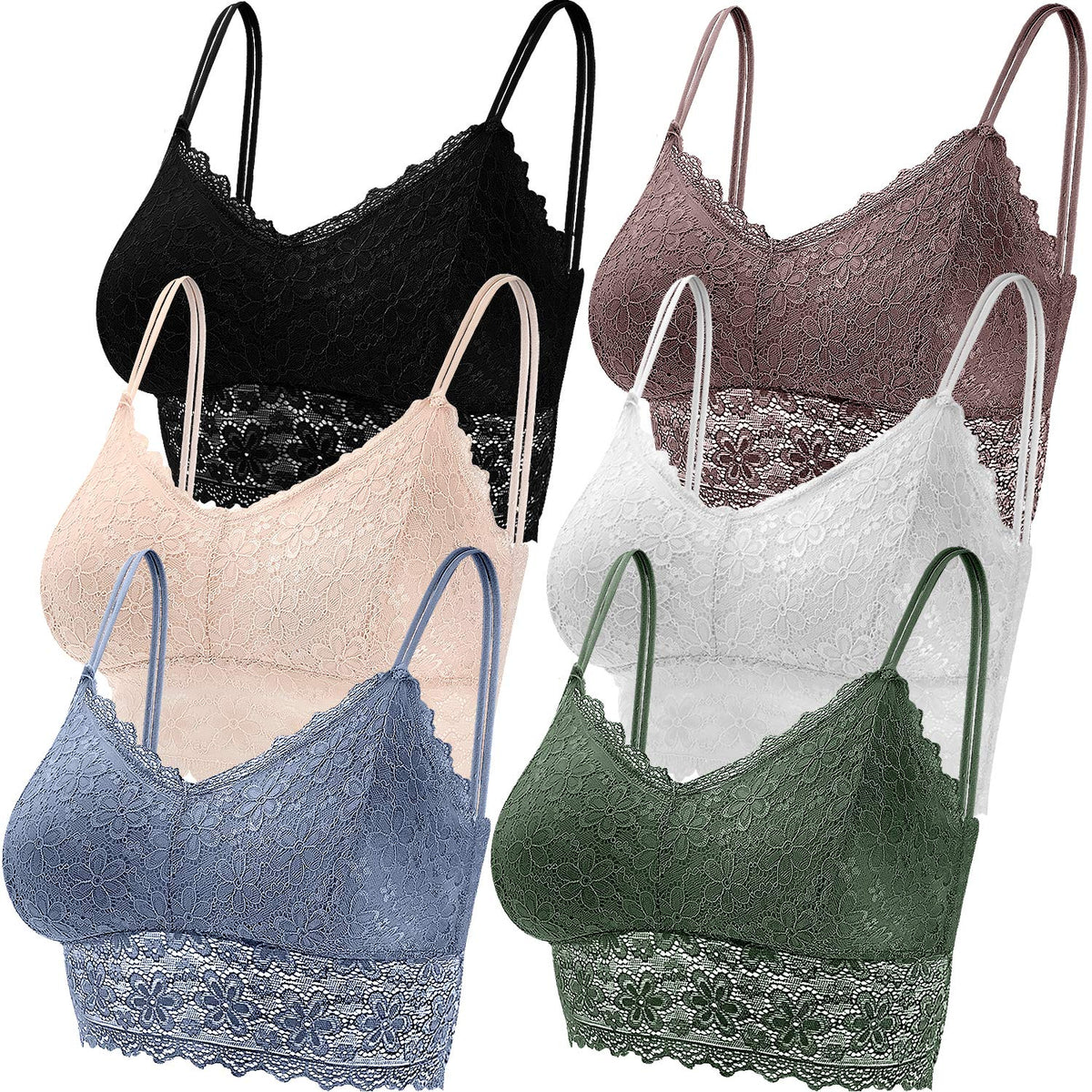 Duufin 6 Pieces Lace Bralettes for Women with Straps and Removable Pads Lace Bra (White, Black, Beige, Steelblue, Green, Rosybrown, S)