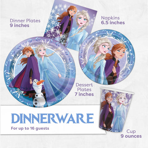 Frozen 2 Theme Birthday Party Supplies Pack - Serves 16 Guests - Banner Decoration, Table Cover, Dinner & Cake Plates, Cups, Napkins, Button