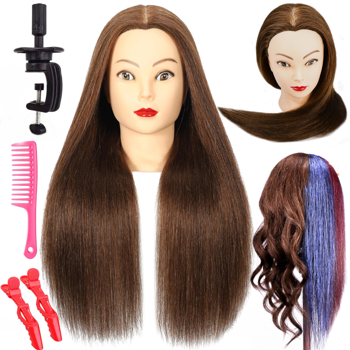 Female Mannequin Head with 100%Real Human Hair, 22"Nature Brown Cosmetology Manikin Head Hair Styling Hairdressing Practice Cutting Styling Training Doll Heads with Clamp Holder clips and comb