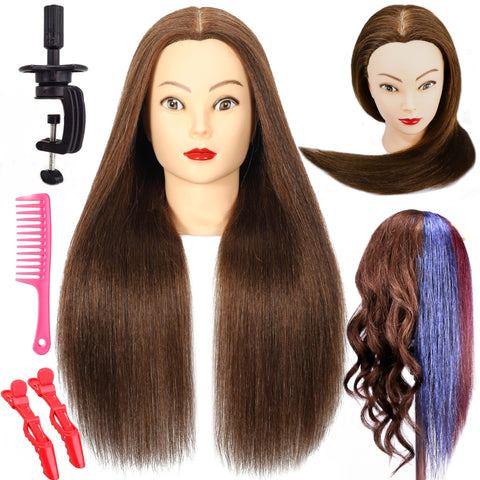 Female Mannequin Head with 100%Real Human Hair, 22"Nature Brown Cosmetology Manikin Head Hair Styling Hairdressing Practice Cutting Styling Training Doll Heads with Clamp Holder clips and comb