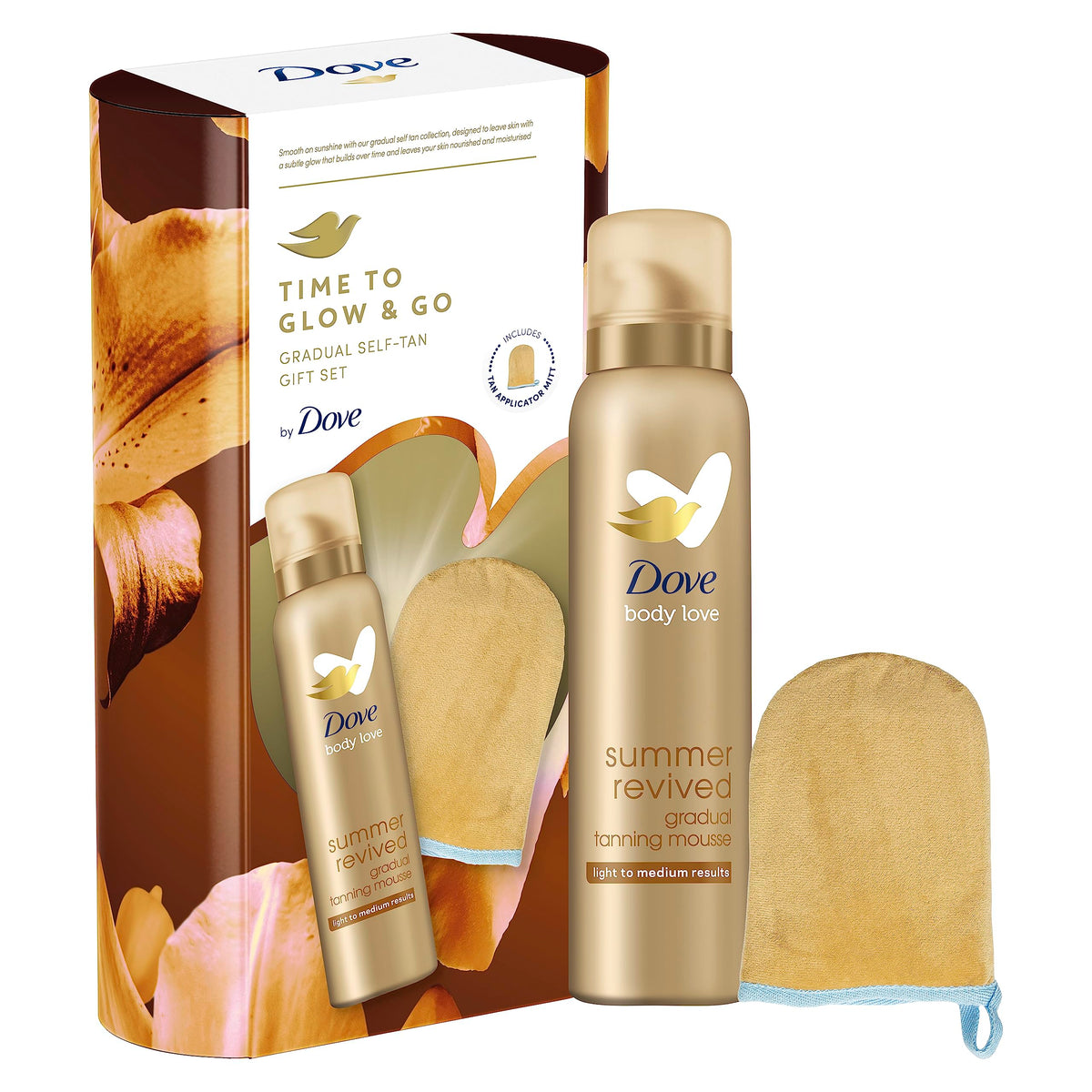 Dove Time to Glow and Go Gradual Self-Tan Gift Set with a tan applicator mitt for her 1 piece