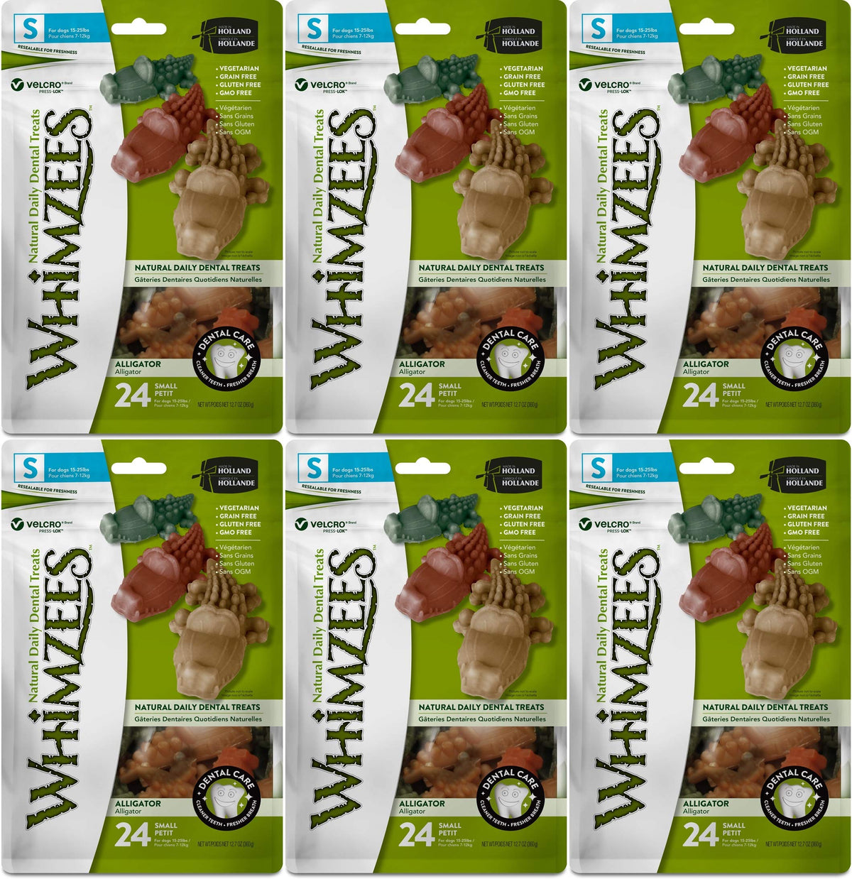 Whimzees 6 Pack of Alligator Dog Dental Chews, 24 Treats each