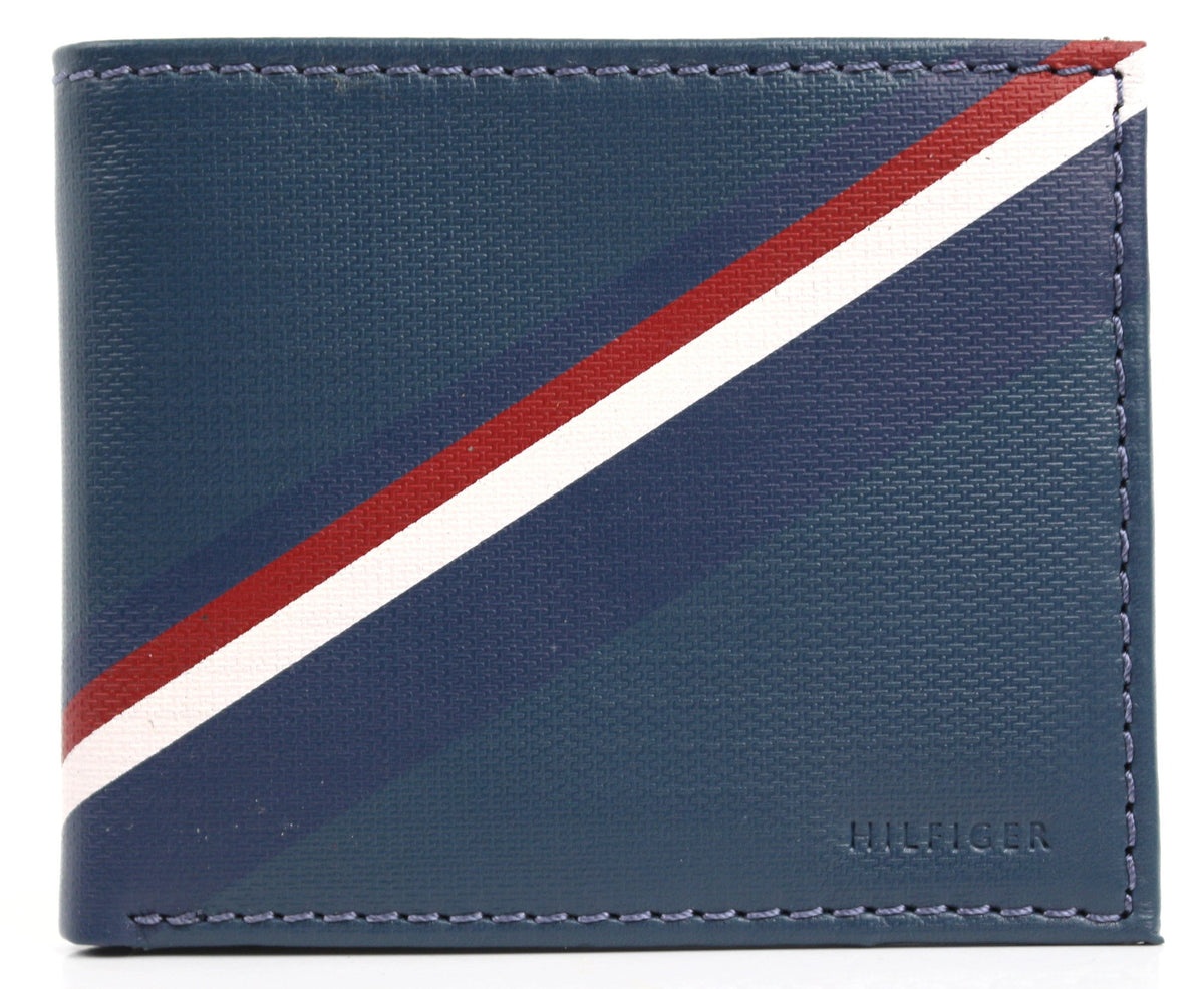 New Tommy Hilfiger Men's Leather Double Billfold Passcase Wallet & Valet (Blue/Grey)