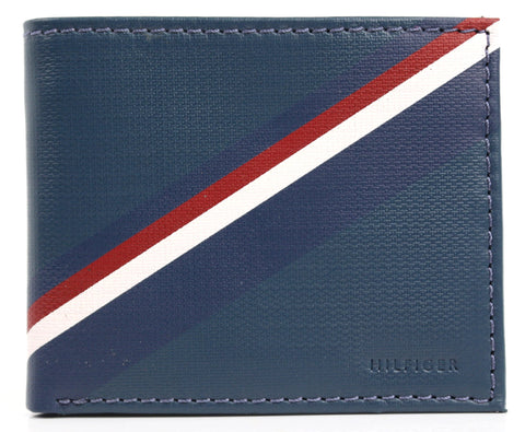 New Tommy Hilfiger Men's Leather Double Billfold Passcase Wallet & Valet (Blue/Grey)