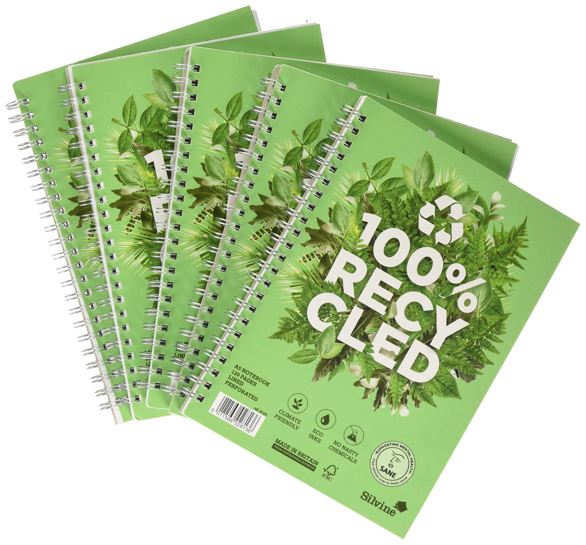 Silvine A5 Premium Recycled Wirebound Notebook - 120 Lined Pages of 100% Recycled Paper. Ref R103 [Pack of 5],Green