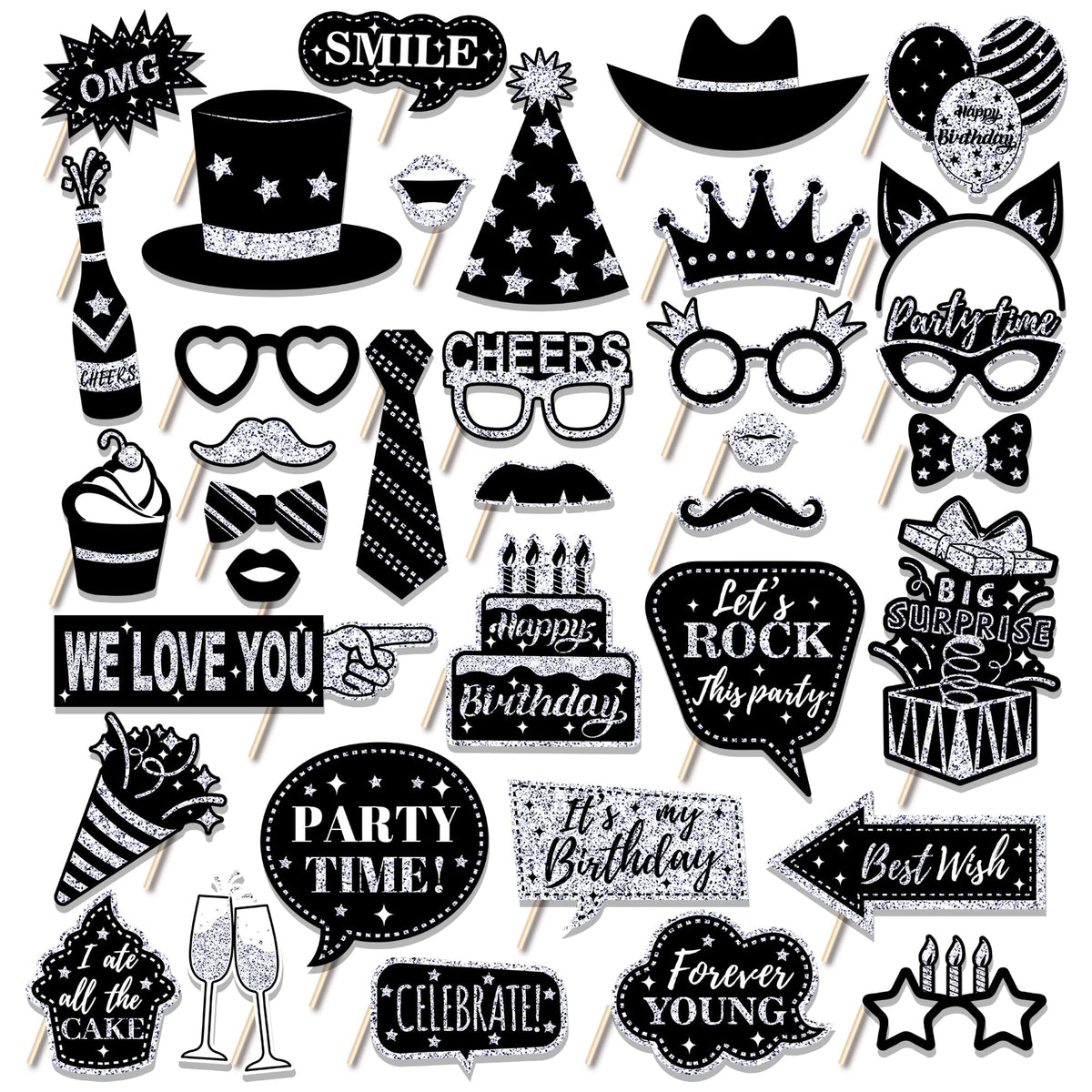 36 Silver Birthday Photo Booth, Party Photo Booth Props Photo Booth Props Photo Box Accessories with Hat Crowns for Birthday Wedding Graduation Christmas New Year's Eve Party Accessories